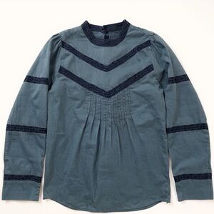 J CREW Denim Lace Trim Long Sleeve Blouse in Indigo Voile Sz Small Cottagecore